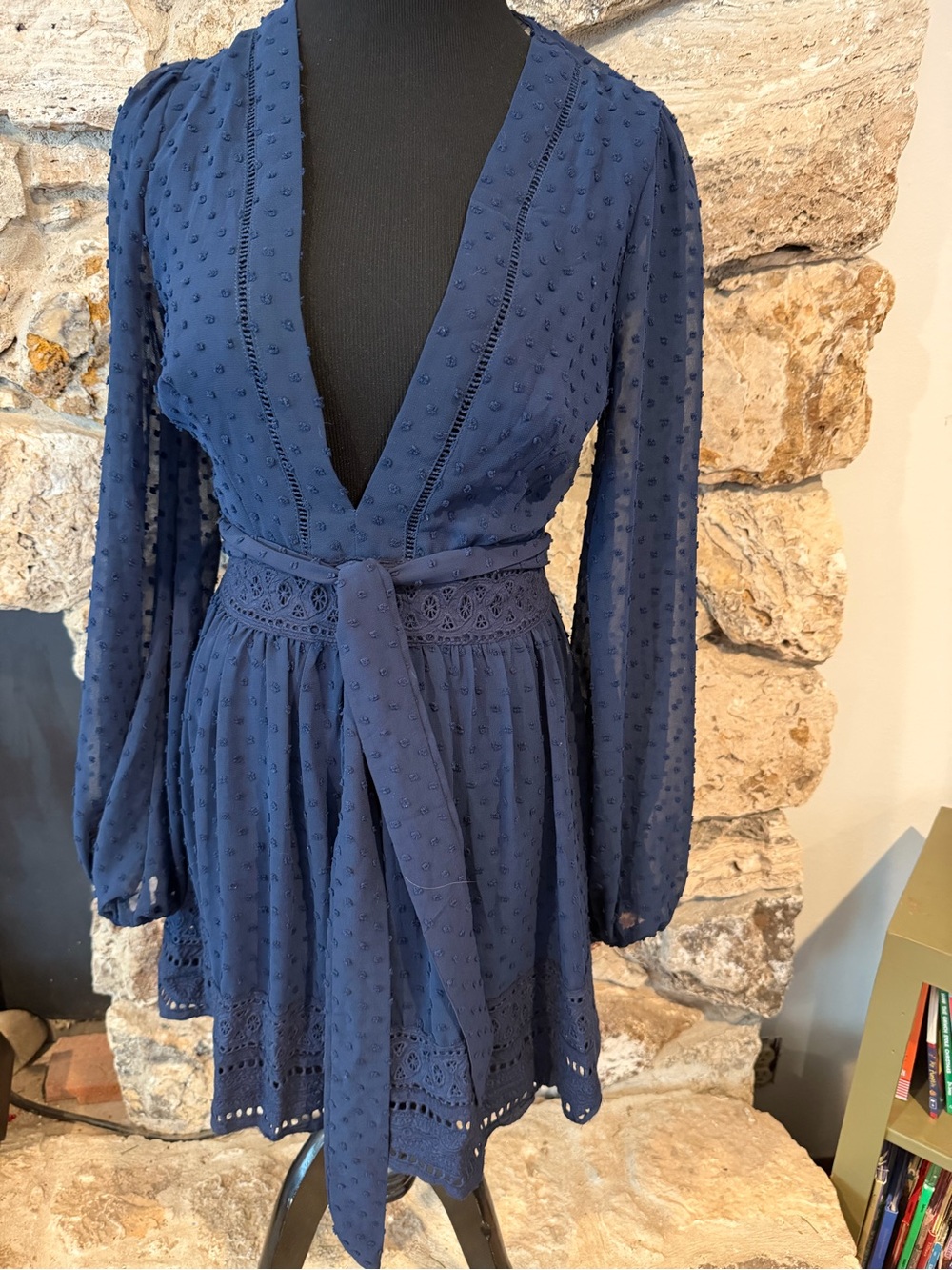 Vanilla Bay Navy Swiss Dot Long-Sleeve Dress